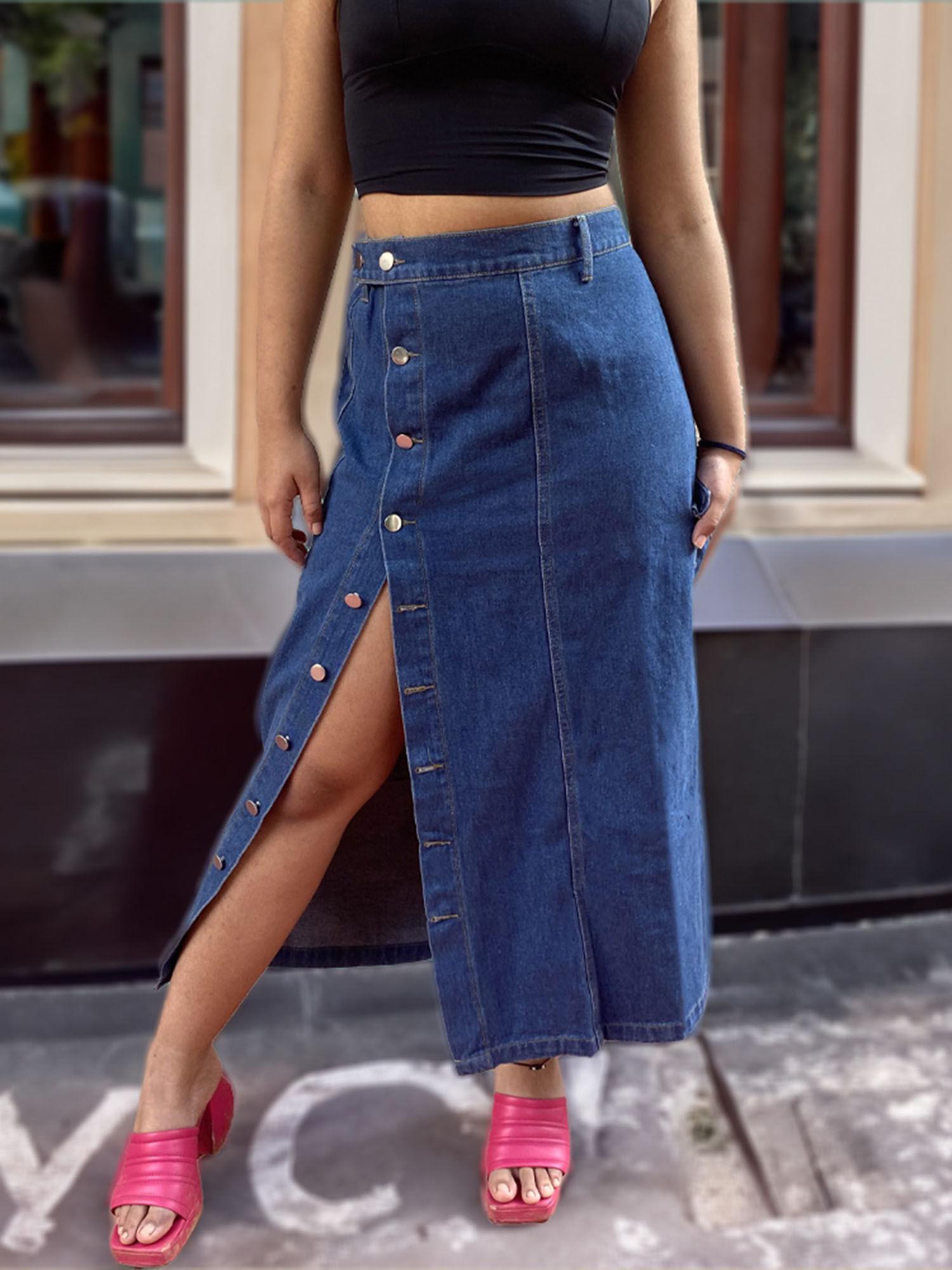 denim front open midi skirt