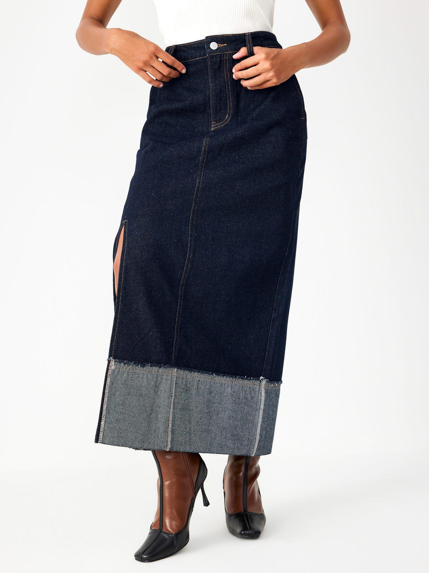 denim high waist cuffed solid split maxi skirt