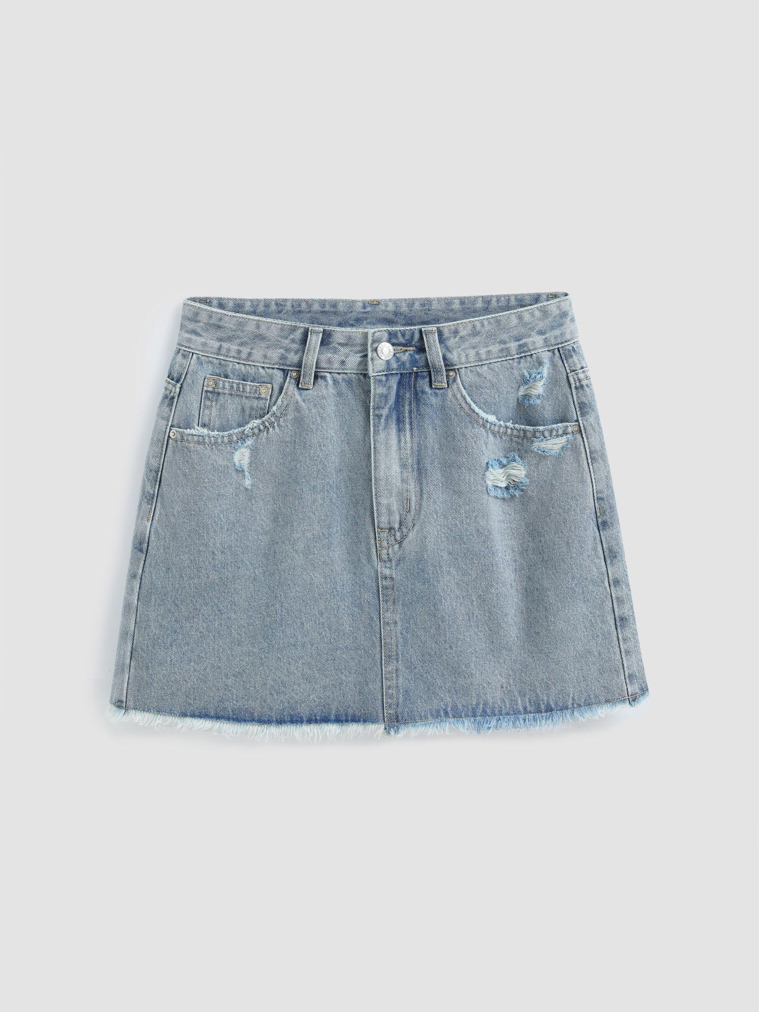 denim high waist ripped mini skirt