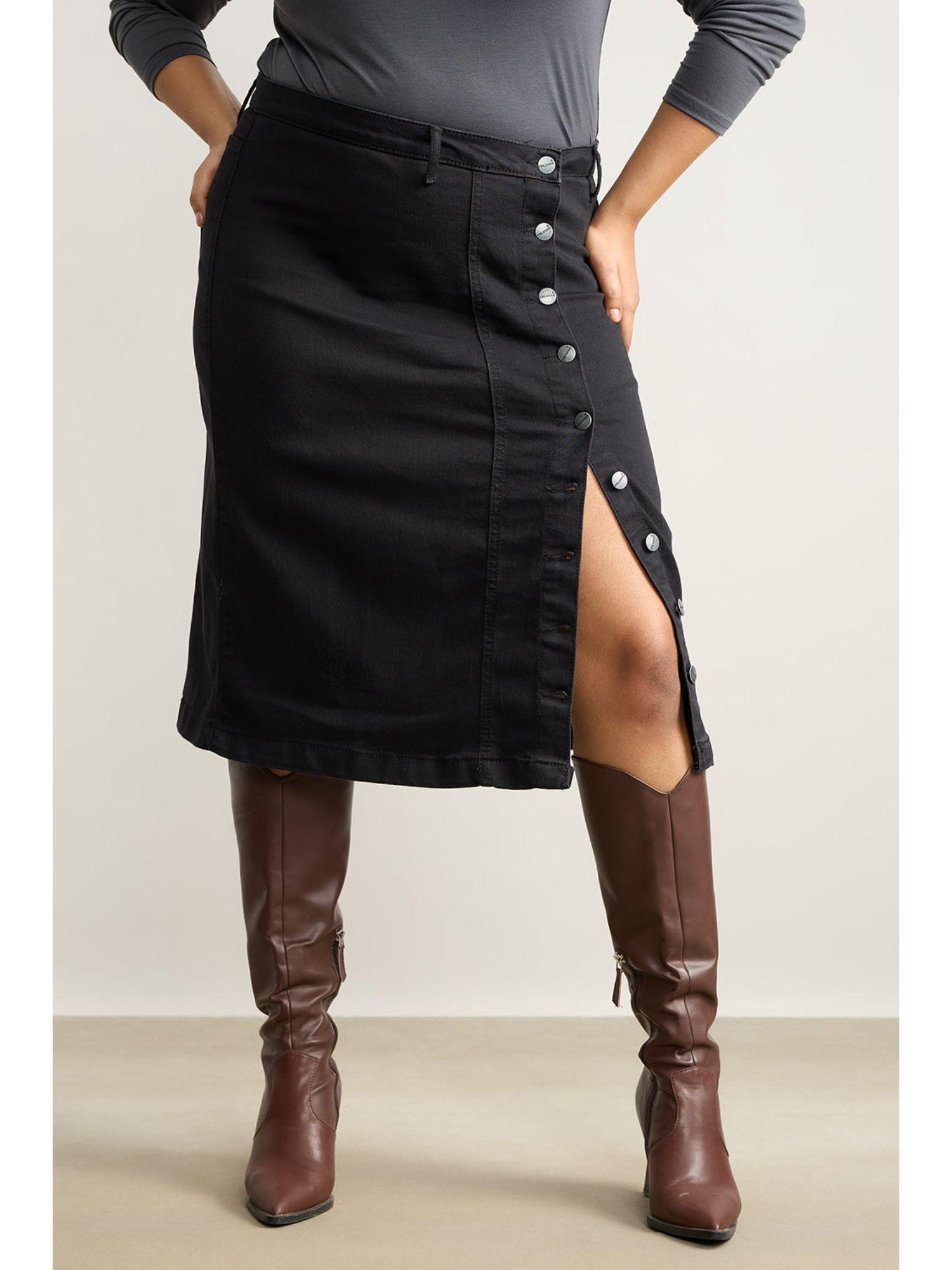 denim jet black curve hug midi skirt