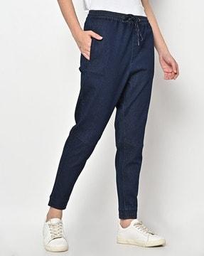 denim joggers with elasticated drawstring waist