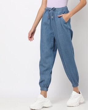 denim joggers with elasticated drawstring waist