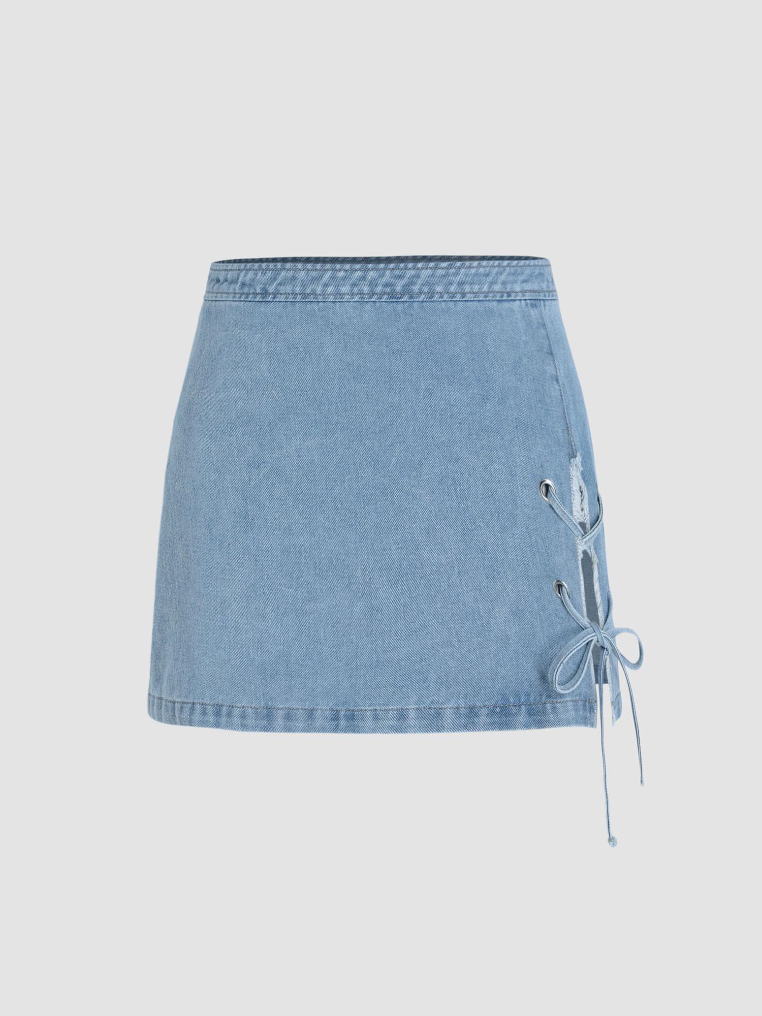 denim knotted split short skirt