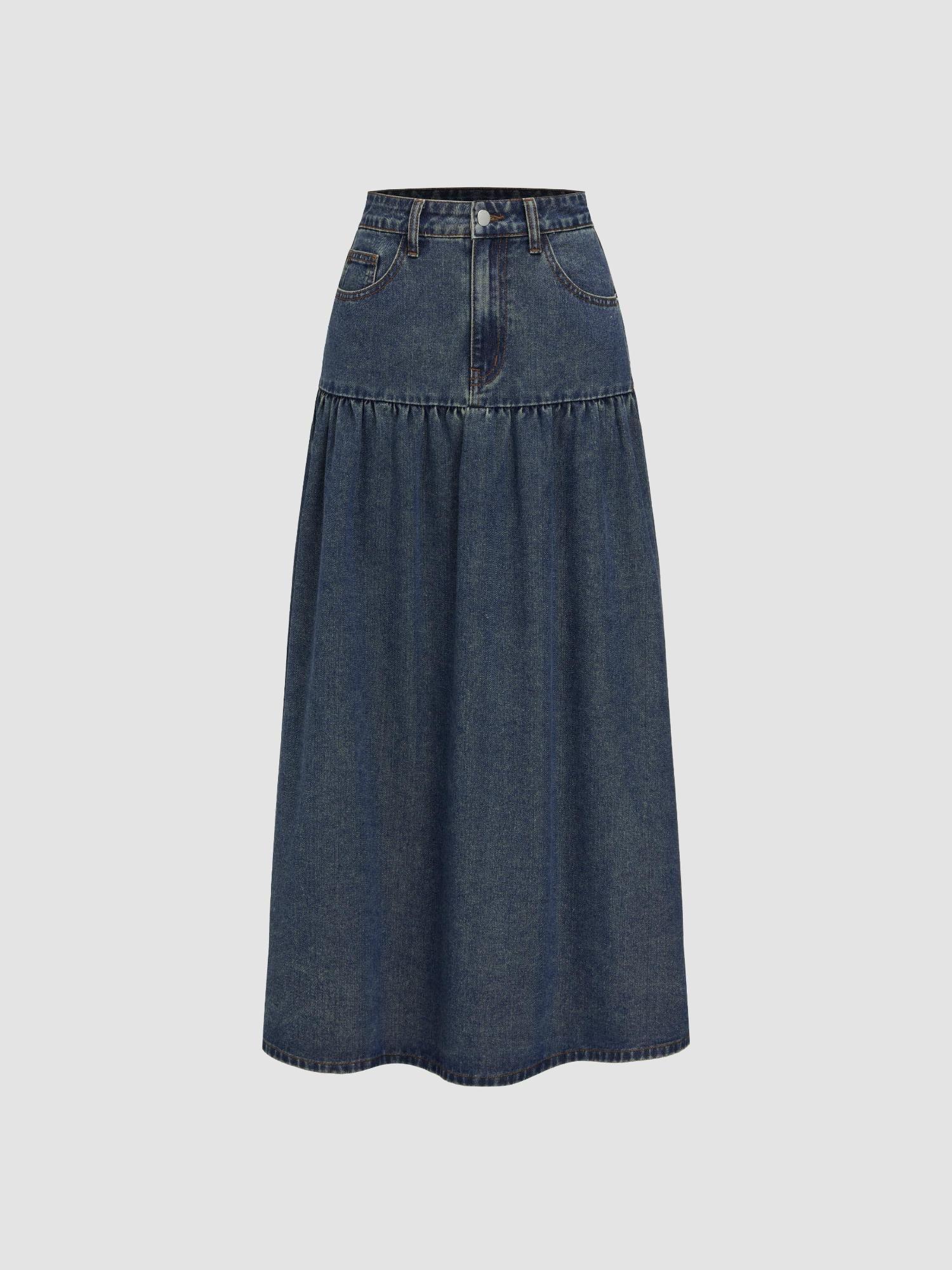 denim mid rise solid maxi ruffle skirt (s)