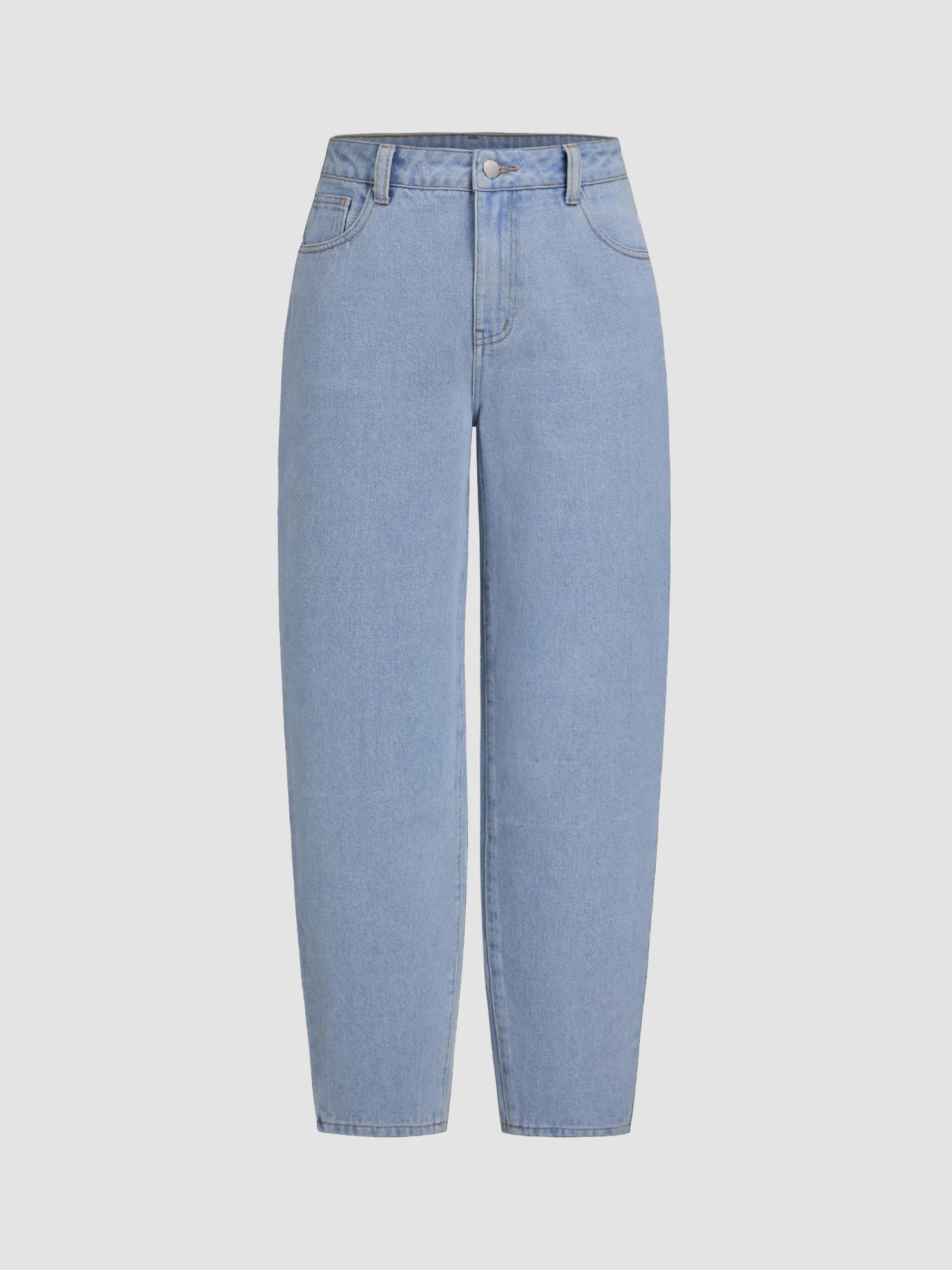 denim mid waist solid tapered mom jeans