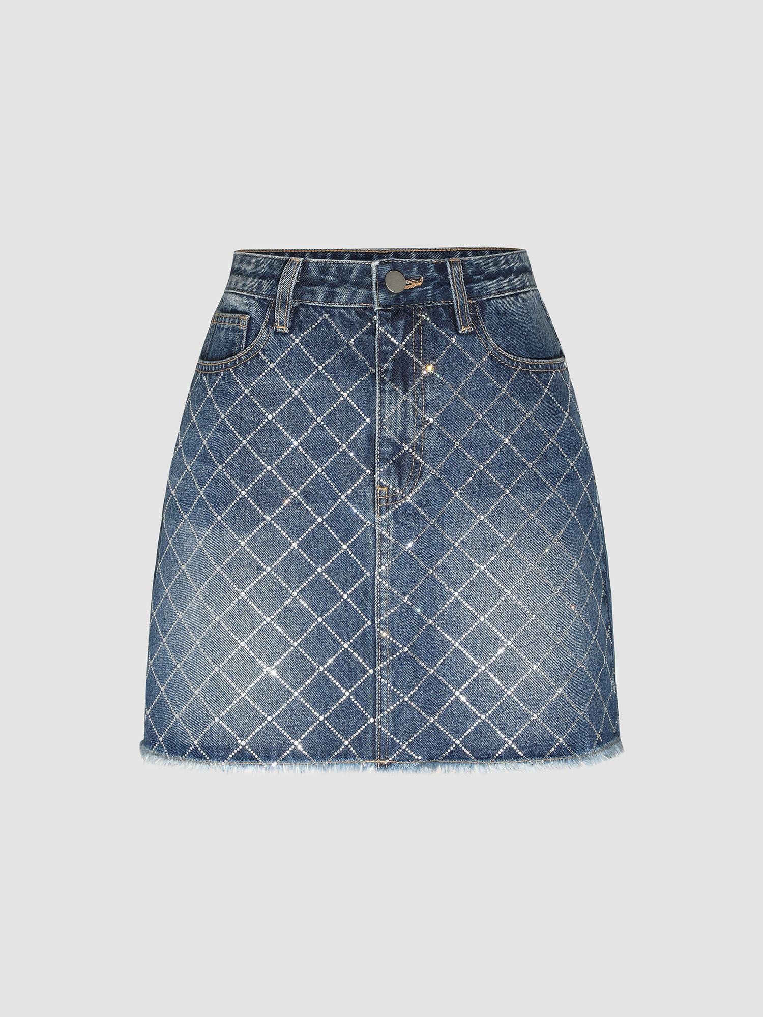 denim rhinestone raw hem mini skirt