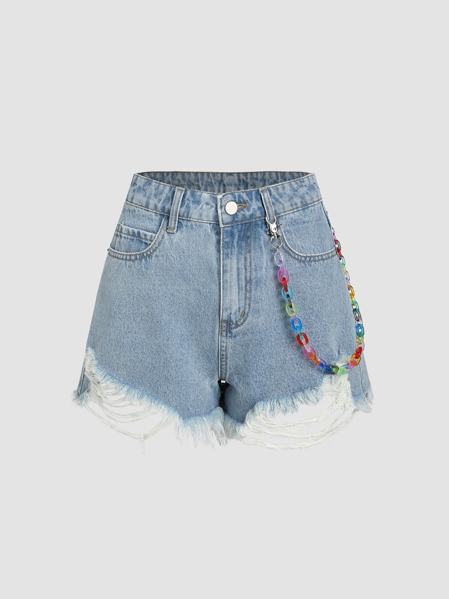 denim ripped tassel shorts with colorful chain (set of 2)