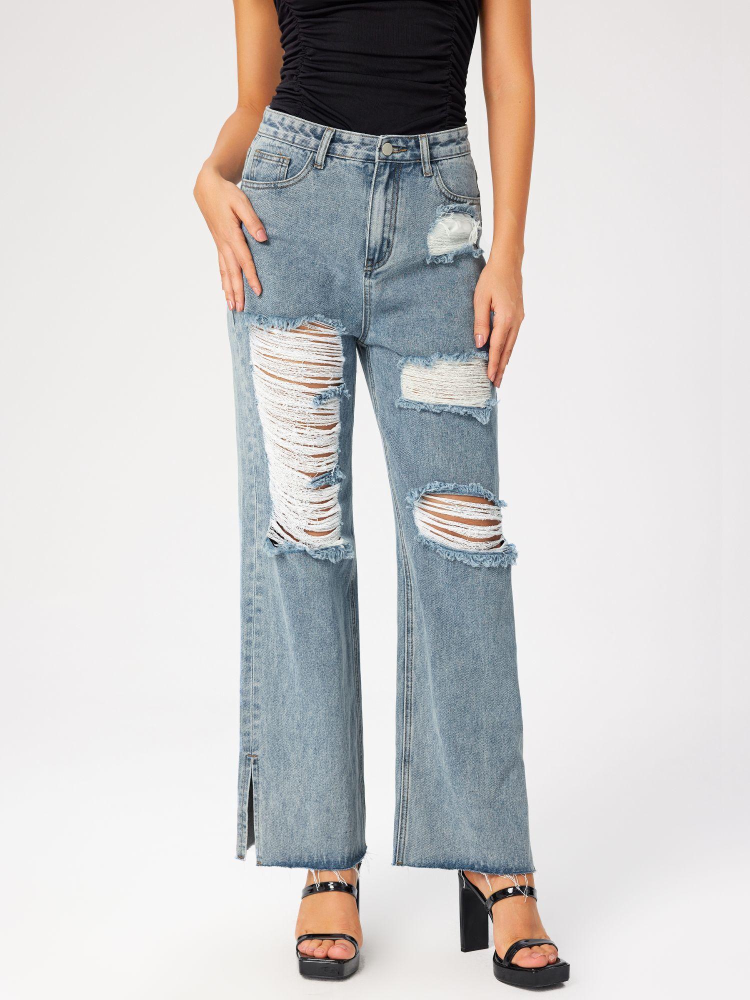 denim ripped wide leg jeans