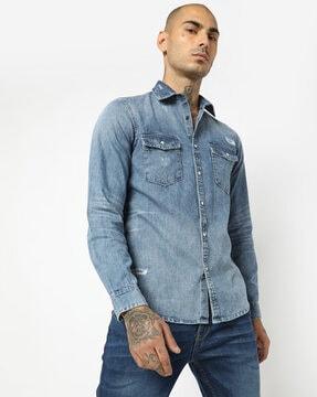 denim shirt with buttoned flap pockets