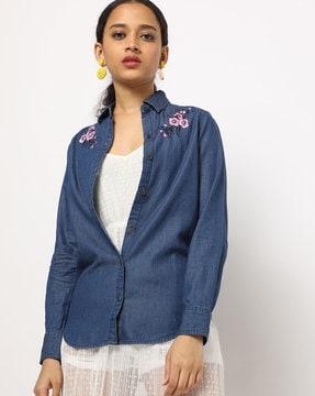 denim shirt with floral embroidery