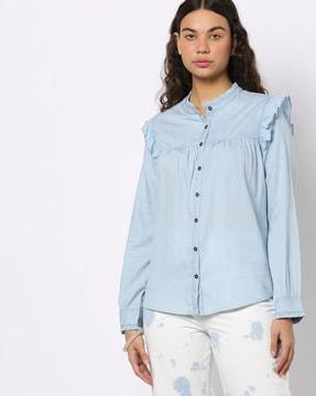 denim shirt with ruffle accent