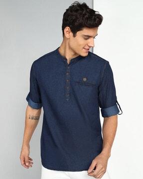 denim short kurta with welt pocket