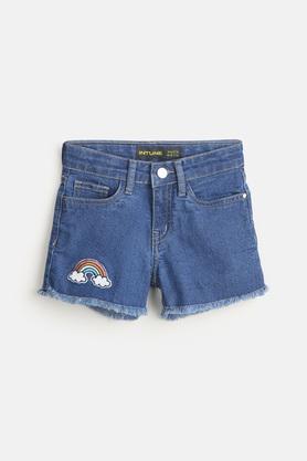 denim shorts for girls with rainbow embroidery - stone
