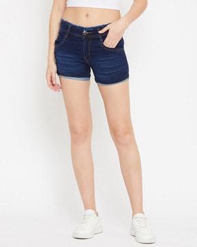 denim shorts with fringed hem