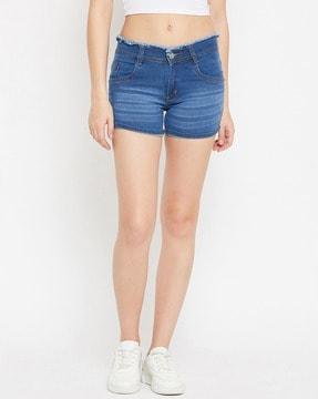 denim shorts with fringed hem