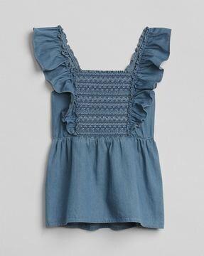 denim smocked top with ruffled panels