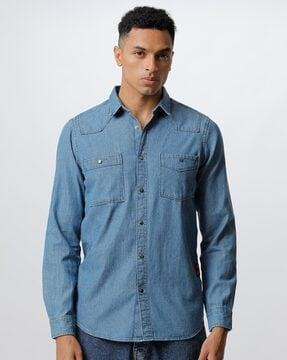 denim spread-collar shirt