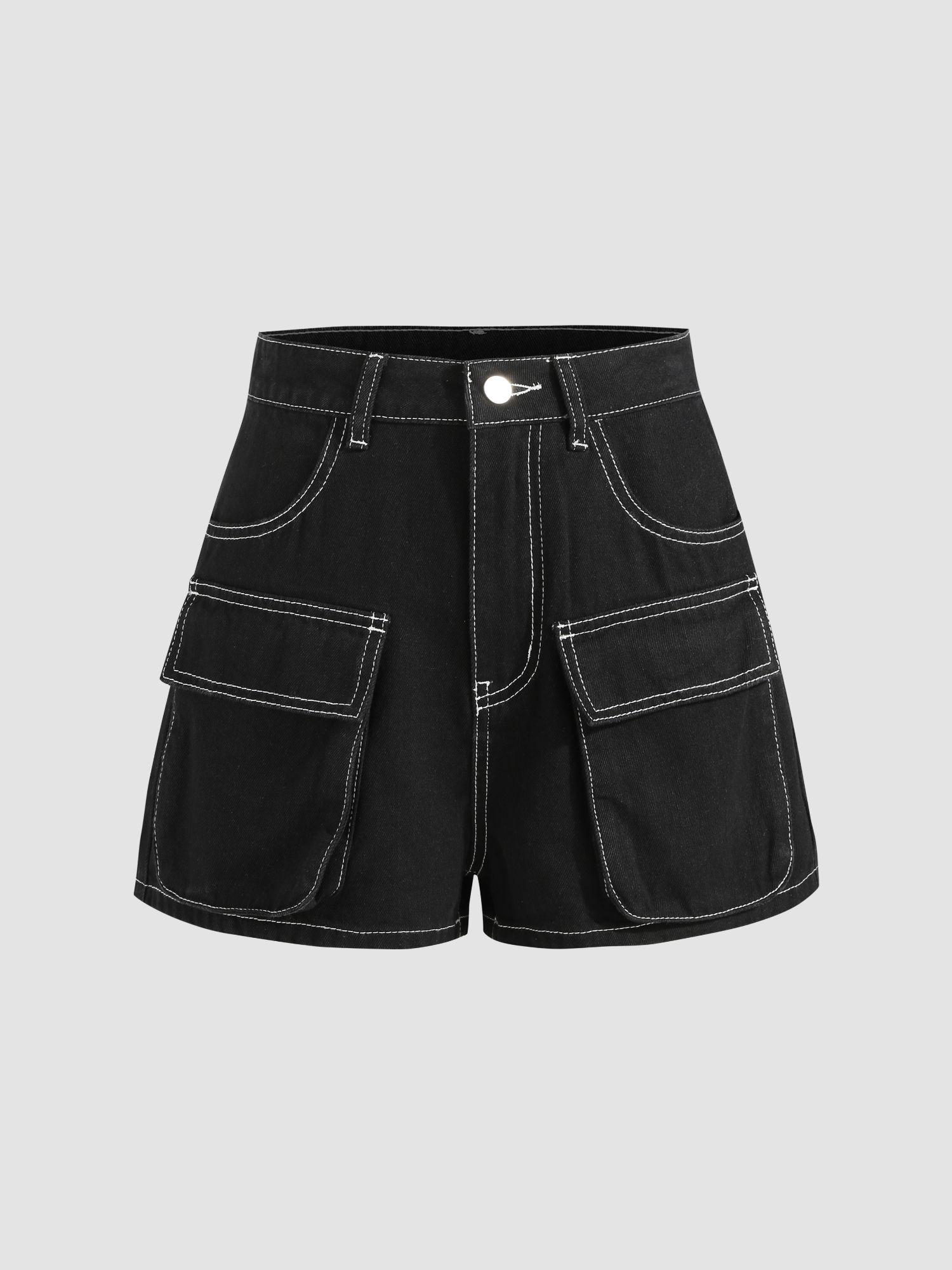 denim stitch wide leg cargo shorts