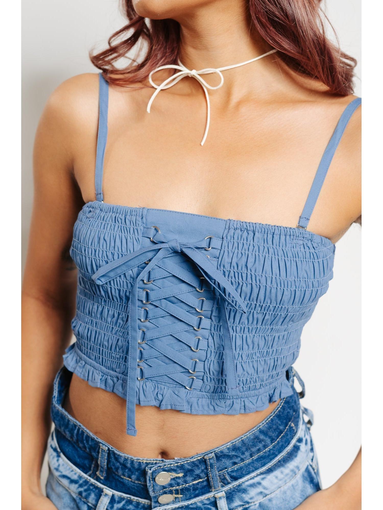 denim strap criss cross blouse top