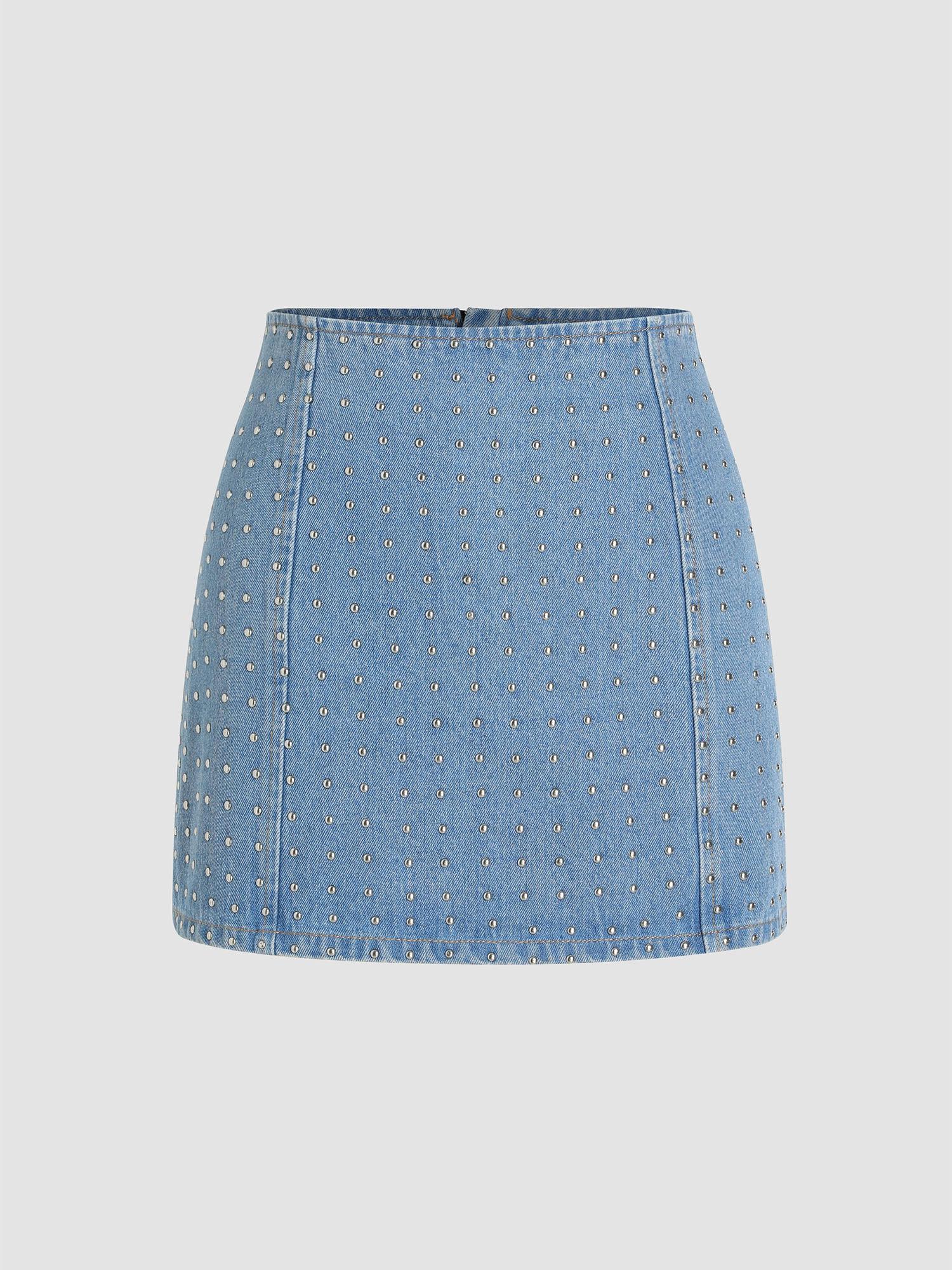 denim studded middle waist mini skirt