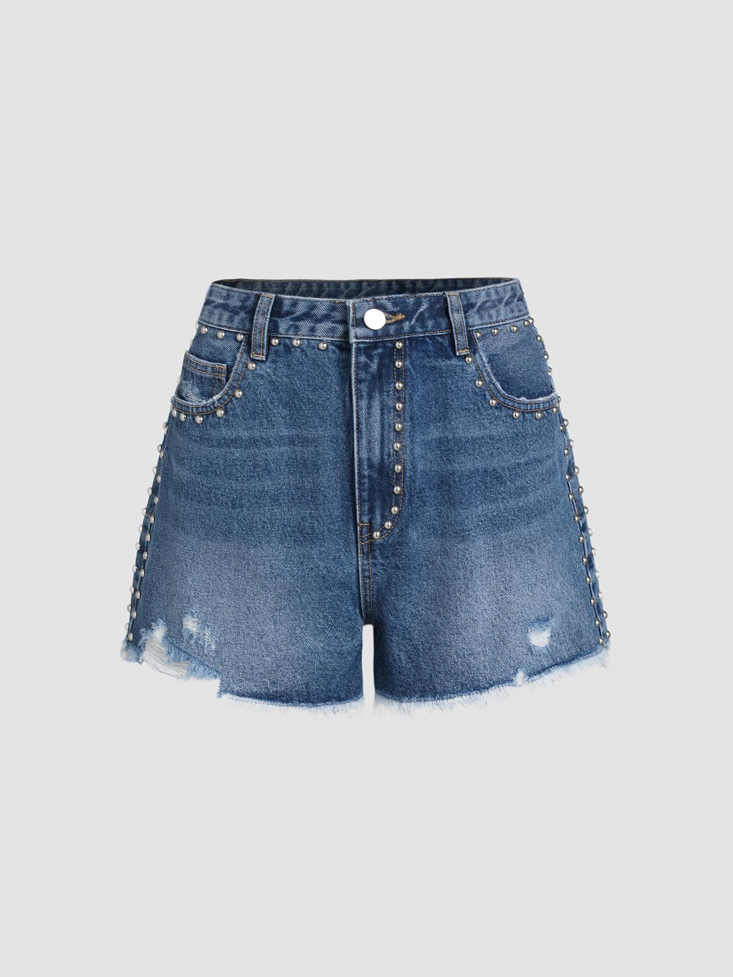 denim studded raw hem wide leg shorts