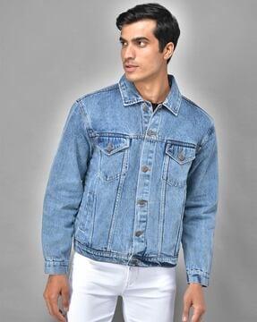 denim trucker jacket with flap pockets