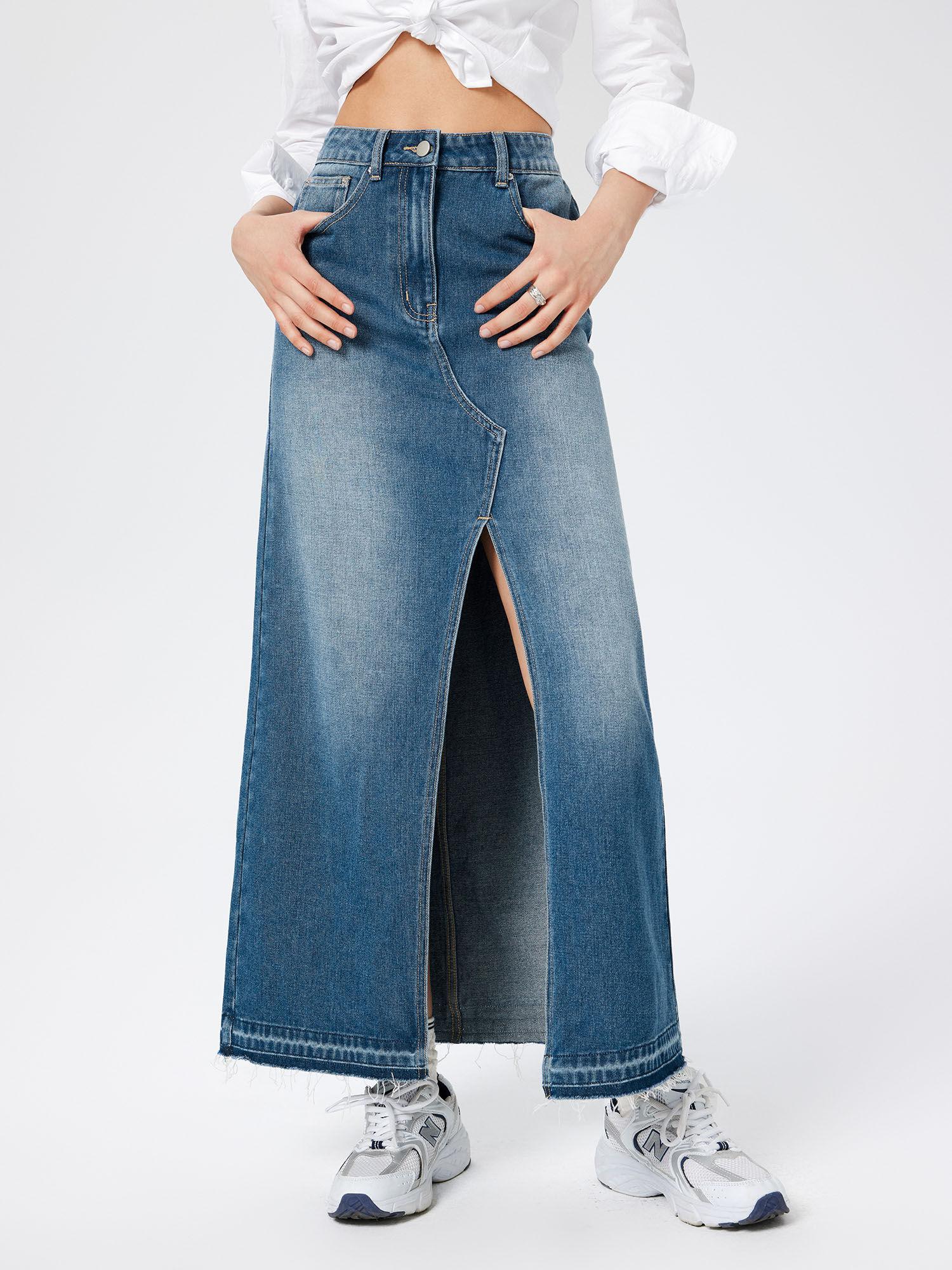 denim washed high waist split skirt