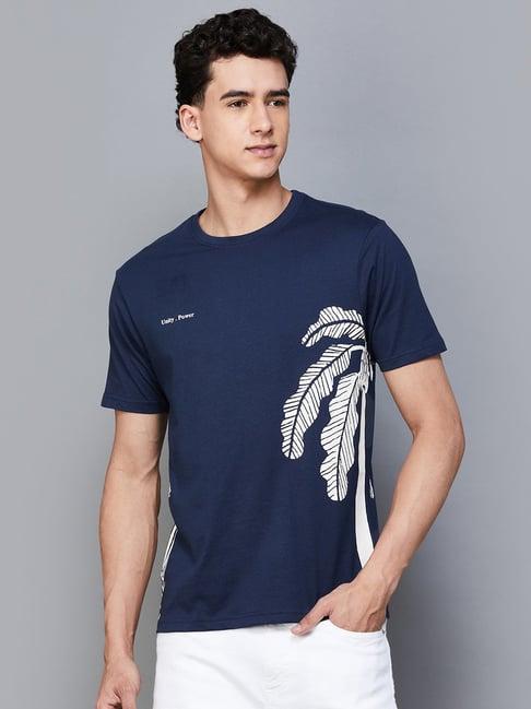 denimize navy cotton regular fit printed t-shirt