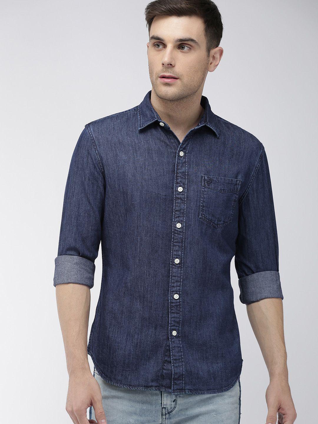 denizen from levis men blue regular fit solid denim casual shirt