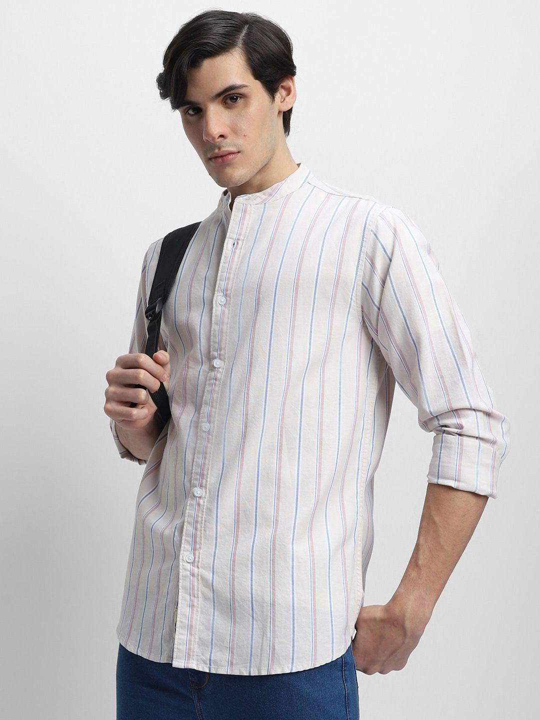 dennis lingo mandarin collar slim fit striped opaque cotton casual shirt