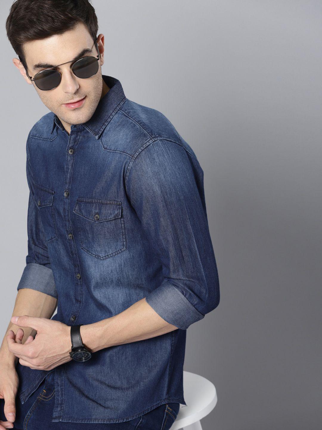 dennis lingo men blue slim fit faded casual chambray shirt