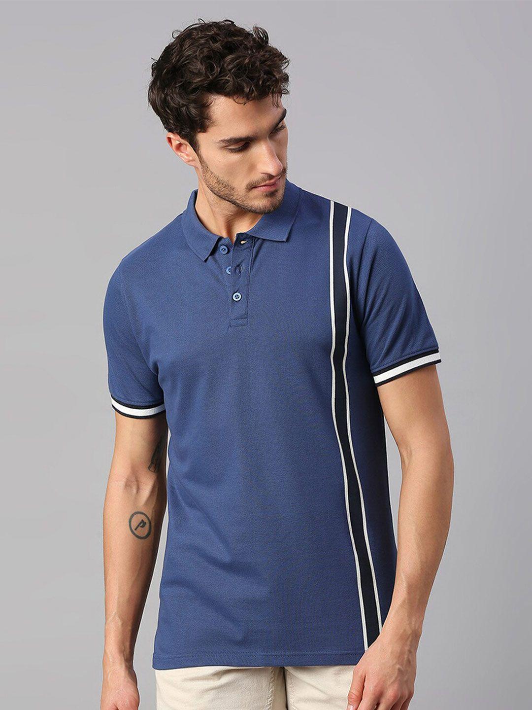 dennis lingo men navy blue colourblocked polo collar pure cotton t-shirt
