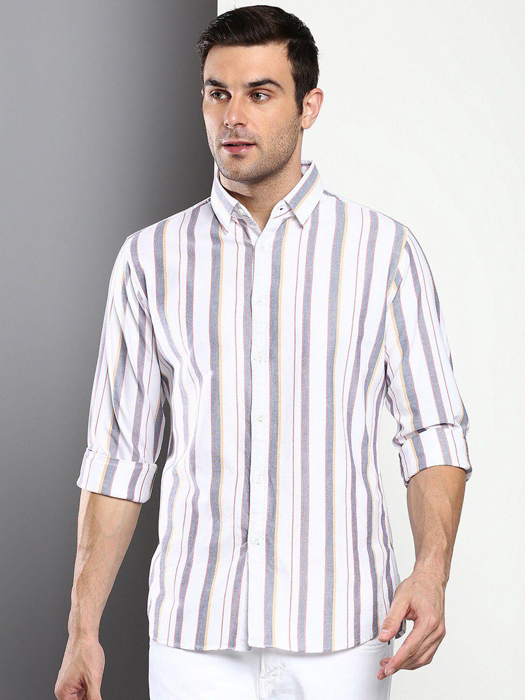 dennis lingo men white slim fit striped casual shirt