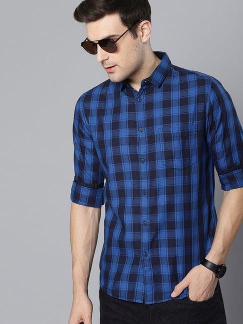 dennis lingo blue & black cotton slim fit checks shirt