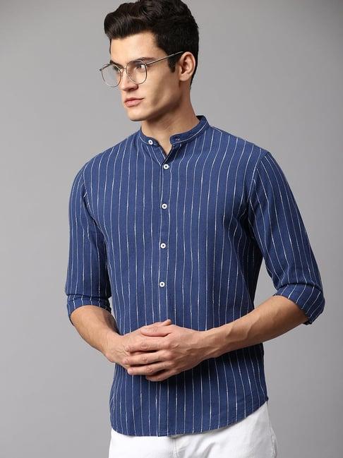 dennis lingo blue cotton slim fit striped shirt