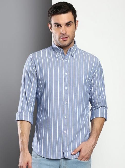 dennis lingo blue cotton slim fit striped shirt