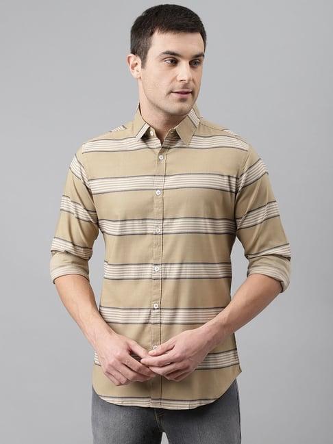 dennis lingo brown cotton slim fit striped shirt