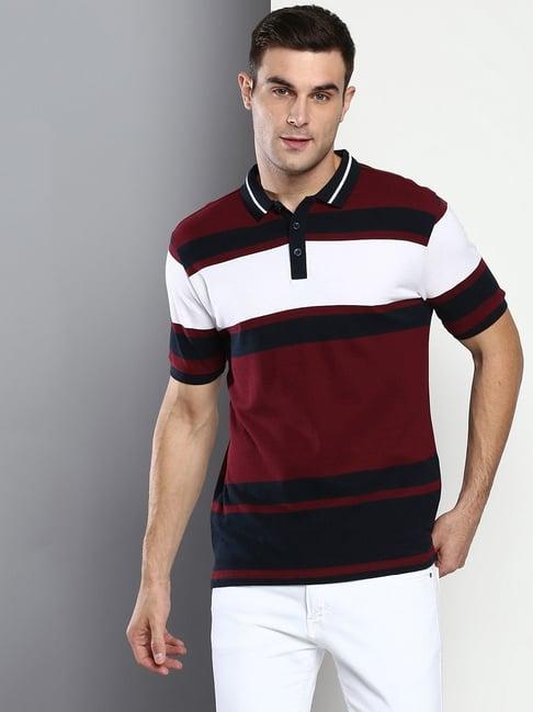 dennis lingo burgundy cotton slim fit striped polo t-shirt
