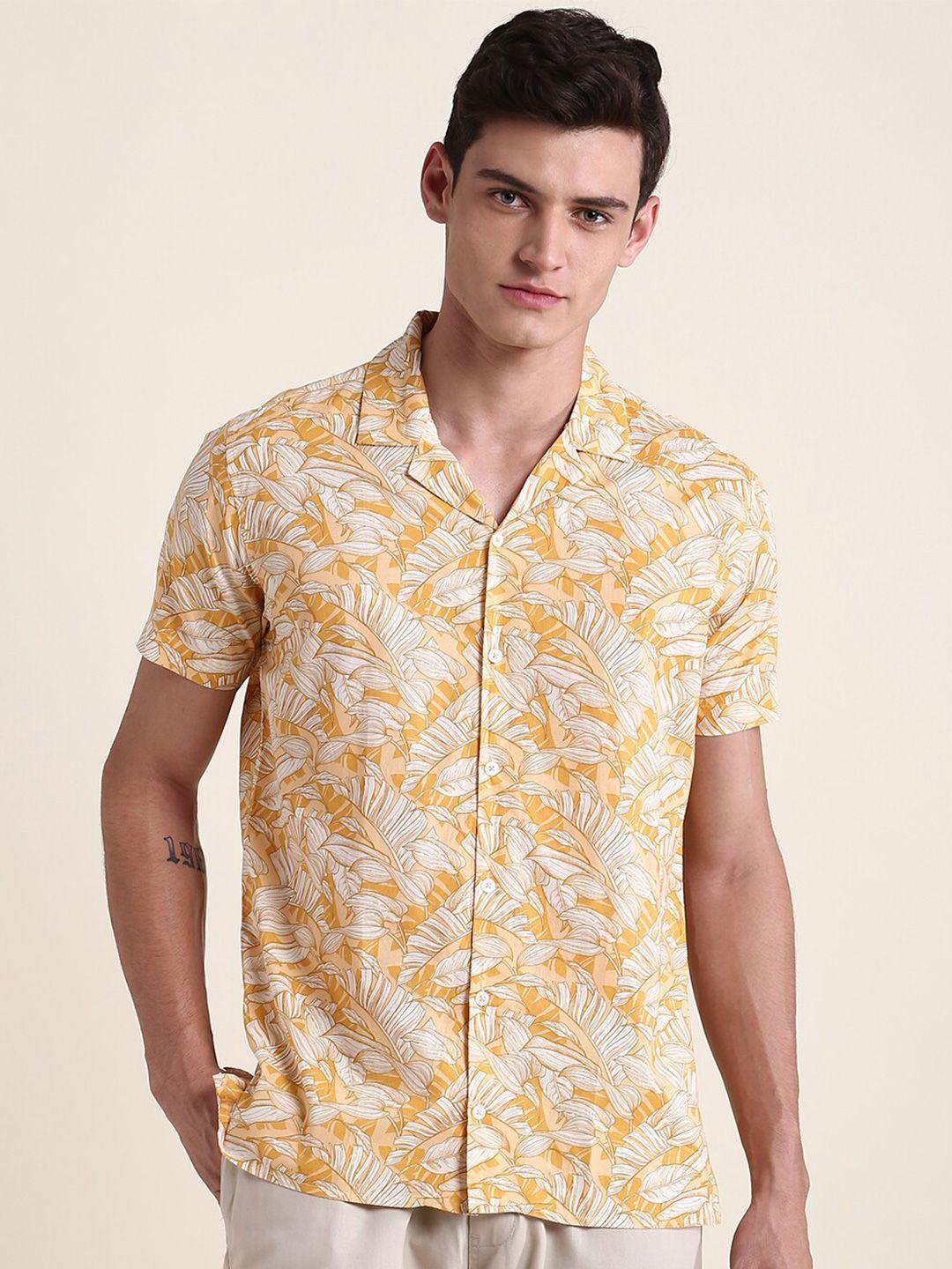 dennis lingo floral printed cuban collar pure cotton casual shirt