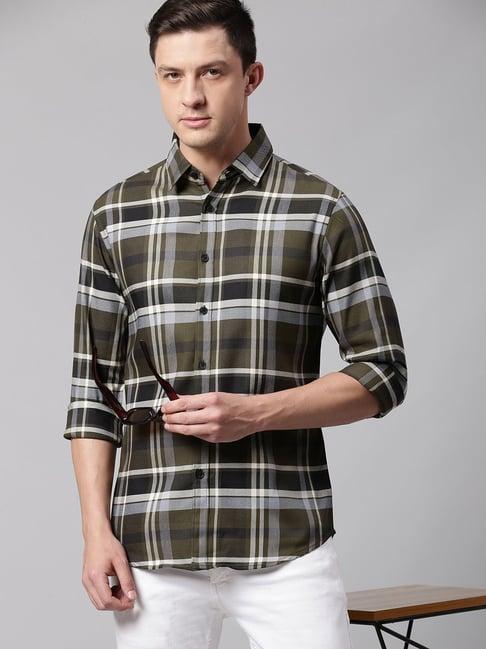 dennis lingo forest green cotton slim fit checks shirt