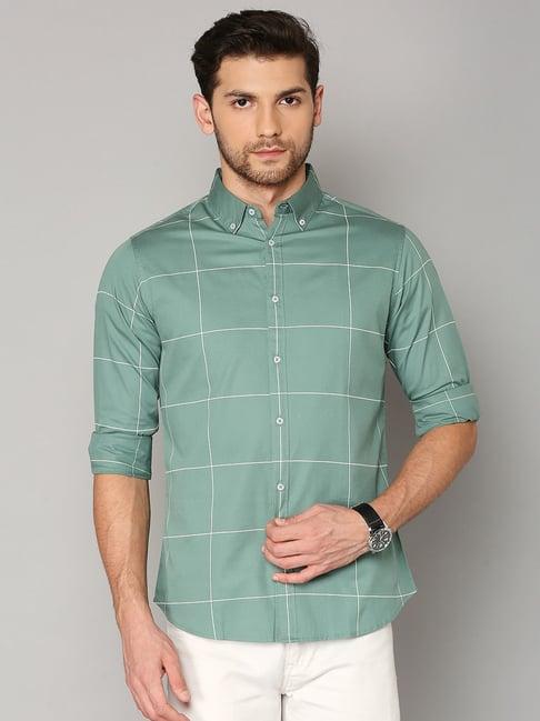 dennis lingo green cotton slim fit checks shirt