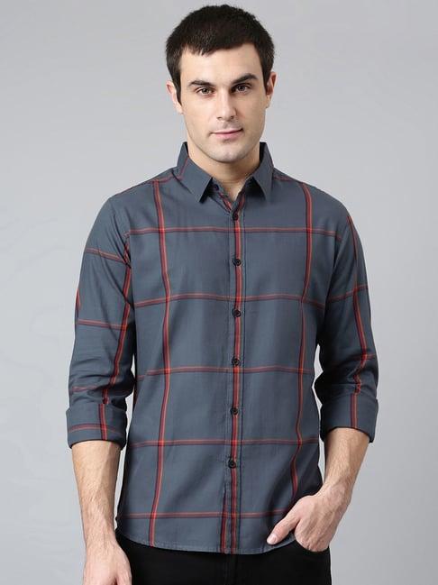 dennis lingo grey cotton slim fit checks shirt