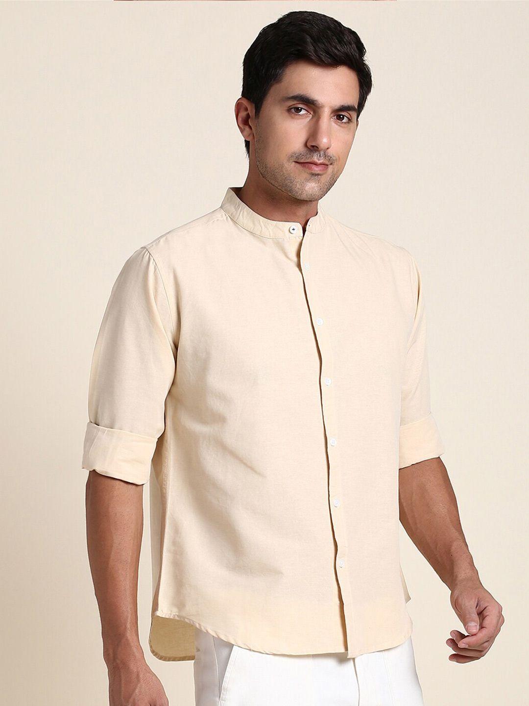 dennis lingo india slim fit band collar opaque casual pure cotton shirt