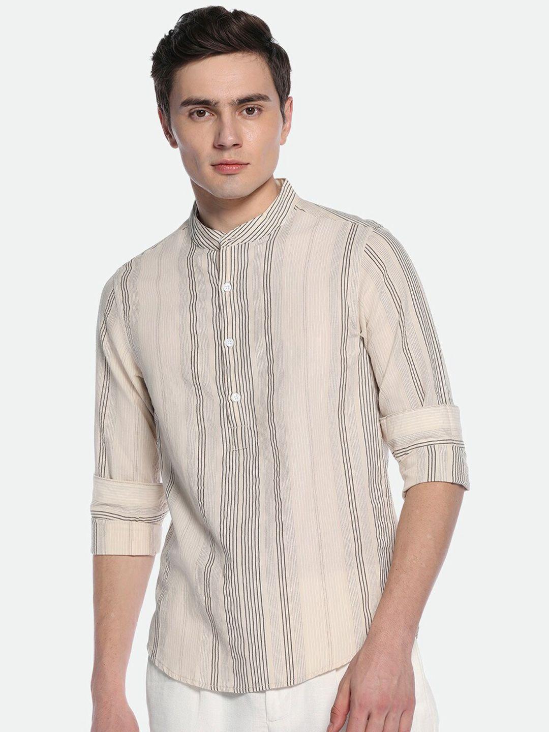 dennis lingo khaki comfort cotton mandarin collar slim fit opaque striped casual shirt