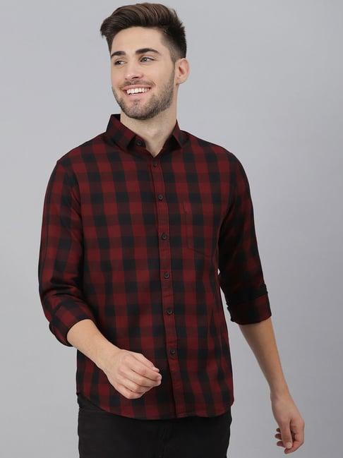 dennis lingo maroon & black cotton slim fit checks shirt