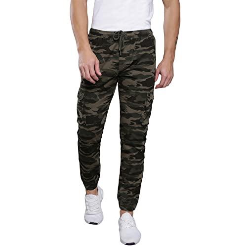 dennis lingo men's camouflage print cotton casual olive cargo pant/tapered fit, mid rise, ankle length, multi-pocket drawstring stretchable cargo pants/trousers (28)