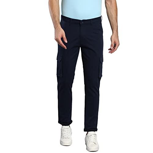 dennis lingo men's casual solid cotton tapered fit mid rise ankle length multi-pocket stretchable cargo pant/trousers (dark blue, 34)