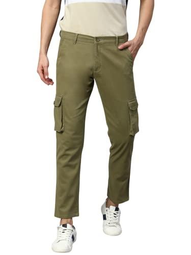 dennis lingo men's casual solid cotton tapered fit mid rise ankle length multi-pocket stretchable cargo pant/trousers (green, 32)