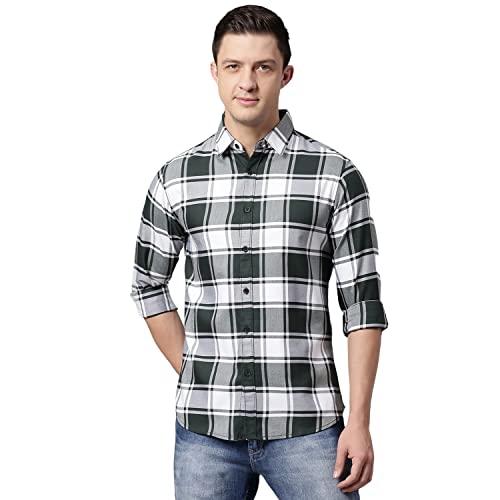 dennis lingo men's checkered bottle green slim fit casual shirt with spread collar (medium)