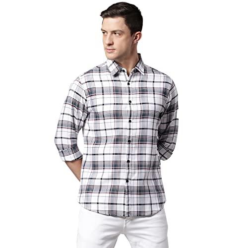 dennis lingo men's checkered white slim fit casual shirt with spread collar (large)